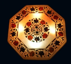 Marble  table top Inlay Work Octagonal Shape Blue Orange Stone - Picture 1 of 4