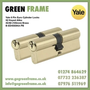 Yale 6 Pin Euro Cylinder Locks X2 Keyed Alike 45/60 (105mm) Brass B-ED4055KA-PB - Picture 1 of 10
