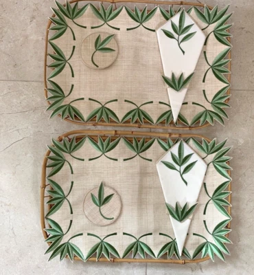 Set Bamboo Rattan Wicker Serving Trays Coastal Linen Placemats Napkins Coasters - Image 1 of 4