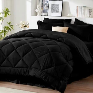 Queen Bed in a Bag 8 Pieces Comforter Set Black All Season Bed Set Bedding New - Picture 1 of 9