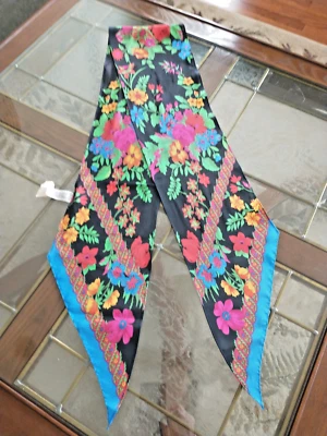 NWT LIZ CLAIBORNE Silk Long Bias Skinny Scarf 64 x 7" Bright Florals On Black - Image 1 of 4
