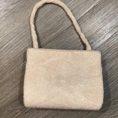 Bolso de Mano La Regale Vintage Patente EE. UU. Blanco Todas las Cuentas Semilla Boda/Noche Foto 1 de 4
