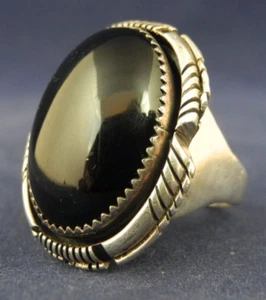Navajo FANNIE PLATERO Sterling Silver & black Onyx Huge and Heavy Ring - Picture 1 of 8