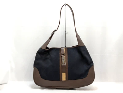 Gucci Jackie Canvas Leather Navy Brown Sherry Line Shoulder Hand Bag Authentic - Image 1 of 4