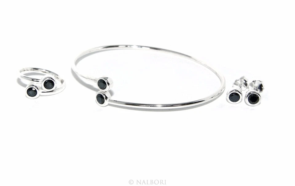 argento 925 orecchini bracciale anello contrariè zirconi naturali nero spinello - Immagine 1 di 1