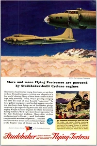 PRINT AD 1943 Studebaker Flying Fortress Cyclone Engines WWII Boeing B-17 Bomber - Picture 1 of 3