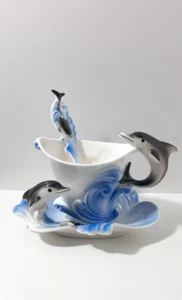 Porcelain 3PCS 6OZ Dolphin Coffee Or Tea Set Cup Saucer Spoon - Picture 1 of 14