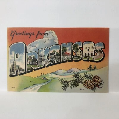 Tarjeta postal saludos desde el estado de Arkansas letra grande lino Foto 1 de 2