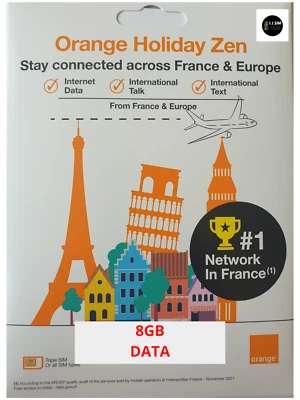 Data Sim Orange Holiday France 8GB Card with Unlimited Calls & SMS In Europe - Image 1 of 4