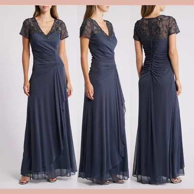 NUEVO CON ETIQUETAS $278 XSCAPE [14] Vestido acanalado manga corta con cuentas en azul carbón #S1533 Foto 1 de 4