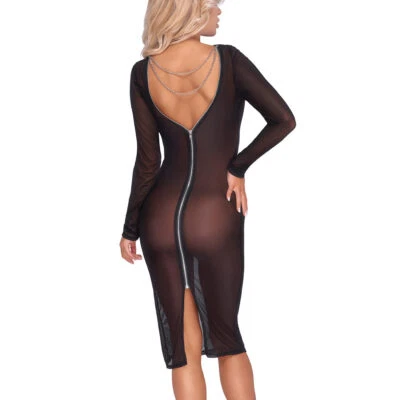 Langarm Kleid lang S-XL Durchsichtig schwarz Mesh 2 Ketten sexy Dessous "Kristie - Bild 1 von 4
