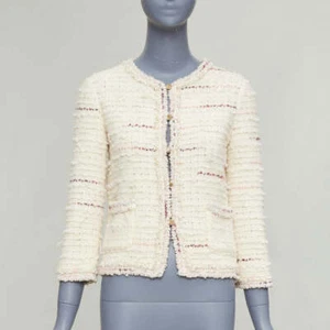 CHANEL 05A cream pink wool boucle tweed gold CC buttons cardigan FR38 M - Picture 1 of 10