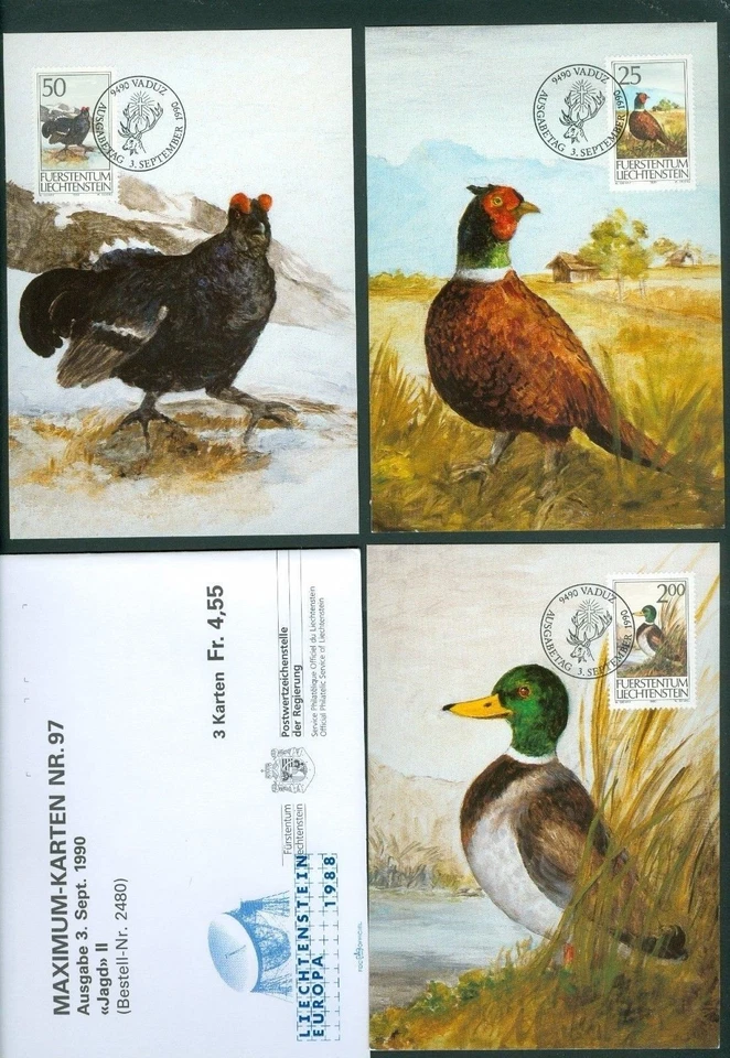 Liechtenstein. Maximum Card. # 97. 1990. Complete Set 3 Diff.  Hunting II. - Image 1 of 1