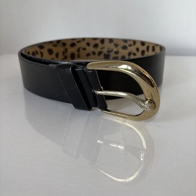 Betsy Johnson Belt M Black Faux Leather Gold Tone Buckle Wide 80s Style - Image 1 of 4