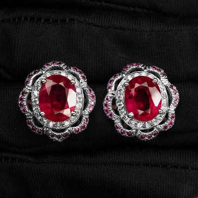 Sontuosi orecchini placcati oro bianco in argento sterling 925 con rubino... - Immagine 1 di 4