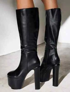 Women's Black Knee-High Platform Boots Chunky High Heel Faux Leather Zip Shoes - Picture 1 of 6
