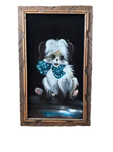 Vintage 60s 70s Black Velvet Happy Puppy Framed Painting MCM Dog Wall Art Defect - Picture 1 of 17