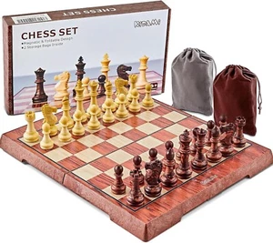 KIDAMI Chess Set, 12"x12" Folding Magnetic Wooden Standard Chess Game Board New