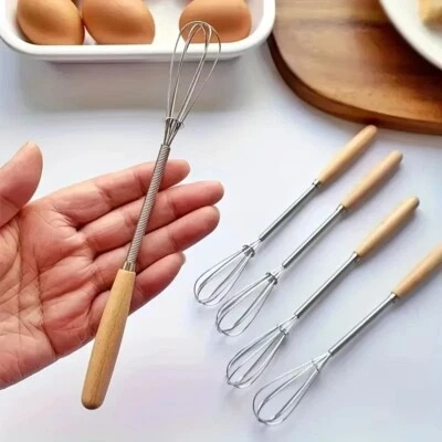 3Pcs Whisk With Solid Wood Handle Kitchen Mini Stainless Steel Egg Beater - Image 1 of 4