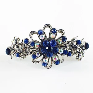 USA BARRETTE Rhinestone Crystal Hairpin Claw Clip Metal Vintage Flower Blue 10 - Picture 1 of 5