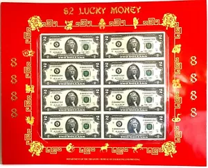 $2 8888 Lucky Money Sheet 8 Uncut Notes 2009 Series K8888xxxxK - Picture 1 of 3