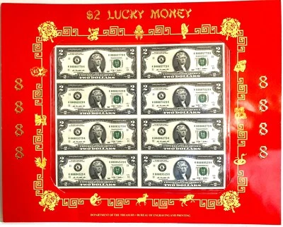 $2 8888 Lucky Money Sheet  8 Uncut Notes 2009 Series K8888xxxxK - Image 1 of 3