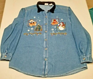 Bobbie Brooks Damen Shirt Weihnachten bestickt Vintage jeansblau Gr. XL 16/18 - Bild 1 von 9