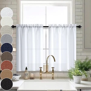 White Kitchen Curtains 36 Inch Length Sets of 2 Panels Half Windows Rod Pocket C - Picture 1 of 12