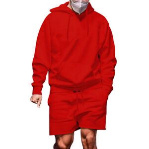 2PC Mens Long Sleeve Hoodie+Shorts Casual Baggy Solid Outfit Suit Tracksuit Set