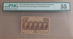 1862-63 25c MONEDA FRACCIONARIA DE EE. UU. Clasificada PMG AU55 - ¡SE VE SIN USAR! Nota de la Guerra Civil - Imagen 1 de 2