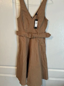 New Banana Republic Petite V-Neck Khaki Cotton Denim Dress Sleeveless Belted - Picture 1 of 11