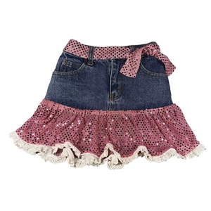 Kiddie Korral Skirt Girls 4 Pink Denim Sequin Western Costume Ruffle Belt Bow - Picture 1 of 12