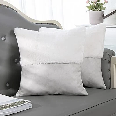 1 Pair White Soft Faux Fur and Grey Faux Suede Cushion Covers 16" Square - Image 1 of 3