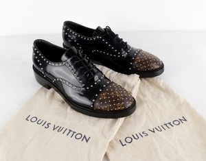 LOUIS VUITTON Oxfords Size 39.5 Black Patent Leather Brown Monogram Metal Studs - Bild 1 von 17