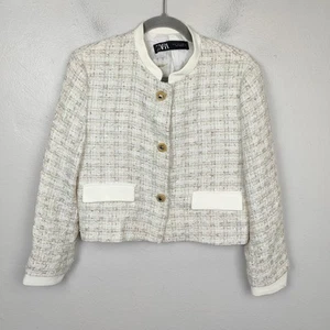 Zara Textured Combo Jacket Womens Medium White Gold Tweed Gaudy Old Money - Picture 1 of 10