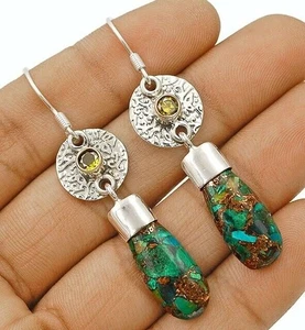 Two Tone Copper Arizona Turquoise & Peridot 925 Sterling Silver Earrings @19-4 - Picture 1 of 1
