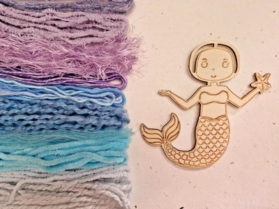 Make your own Mermaid - craft pack. Wooden mermaid template with coloured yarns - Image 1 of 4