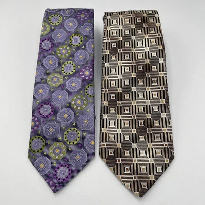 Pair Vintage Neck Tie Bachrach & Pinstripes Purple Geometric 100% Silk 60-62" - Image 1 of 4