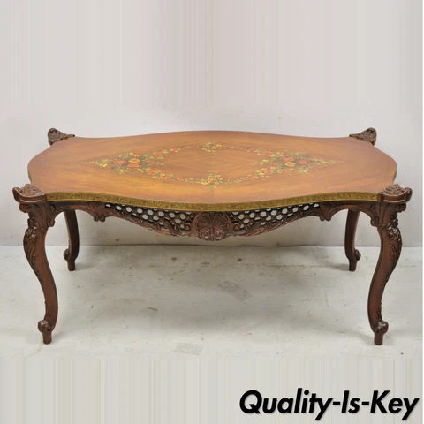 Vintage French Louis XV Style Walnut Coffee Table with Hand Painted Floral Top Cover
