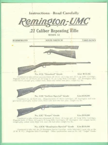Rifle Remington Modelo 12 TEMPRANO Instrucciones para Propietarios de Fábrica Reproducción Manual Foto 1 de 1