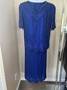 Vintage Mark & John pure silk beaded Sequin Blue Top Blouse & Skirt Size L - Picture 1 of 12