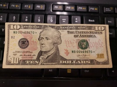 $10 Dollar Bill Star Note Fancy Low Serial Number MB 00469670 * *️⃣ Series 2009 - Image 1 of 4