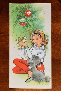 Vintage UNUSED Christmas Card 1950s PRETTY GIRL LADY POODLE DOG MCM RUST CRAFT - Picture 1 of 4