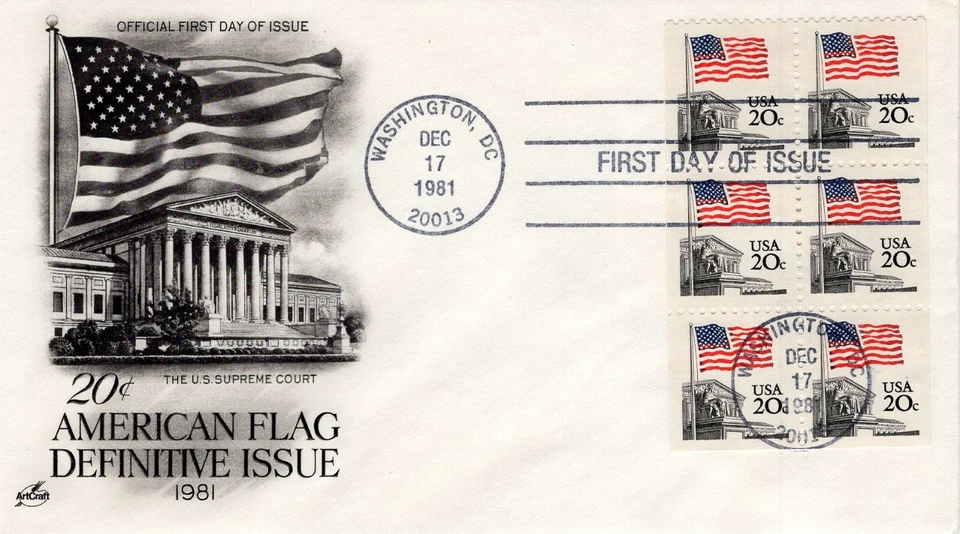 USPS FDC #1896a 1981 20¢ Flag Over Supreme Court Booklet Stamp Pane ST2035 - Image 1 of 1