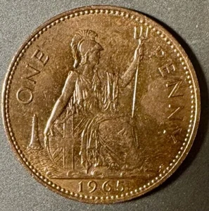 1965 Great Britain Coin One Penny KM# 838 COIN Unc.  Bx 11.9 - Picture 1 of 2