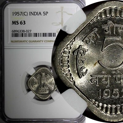 India-Republic Copper-Nickel 1957 (C) 5 Naye Paise 1st Year NGC MS63 KM# 16 (27) - Image 1 of 4