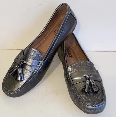 Josef Seibel Elina 01 Metallic Pewter Pebbled Leather Tassel Front Loafers Sz 40 - Image 1 of 4