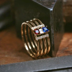 Unique Band Design Ruby Sapphire Nature Diamond Women Solid Ring 14K Rose Gold - Picture 1 of 5