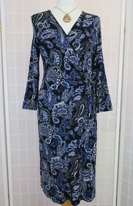 East Wrap Dress Size 12 Blue Black Paisley Print Buckle 3/4 Sleeves Stretch - Picture 1 of 16