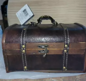 Ashland Collection Brown Wood & Brown Rustic Faux Leather Trunk w/ Brass Accents - Picture 1 of 7